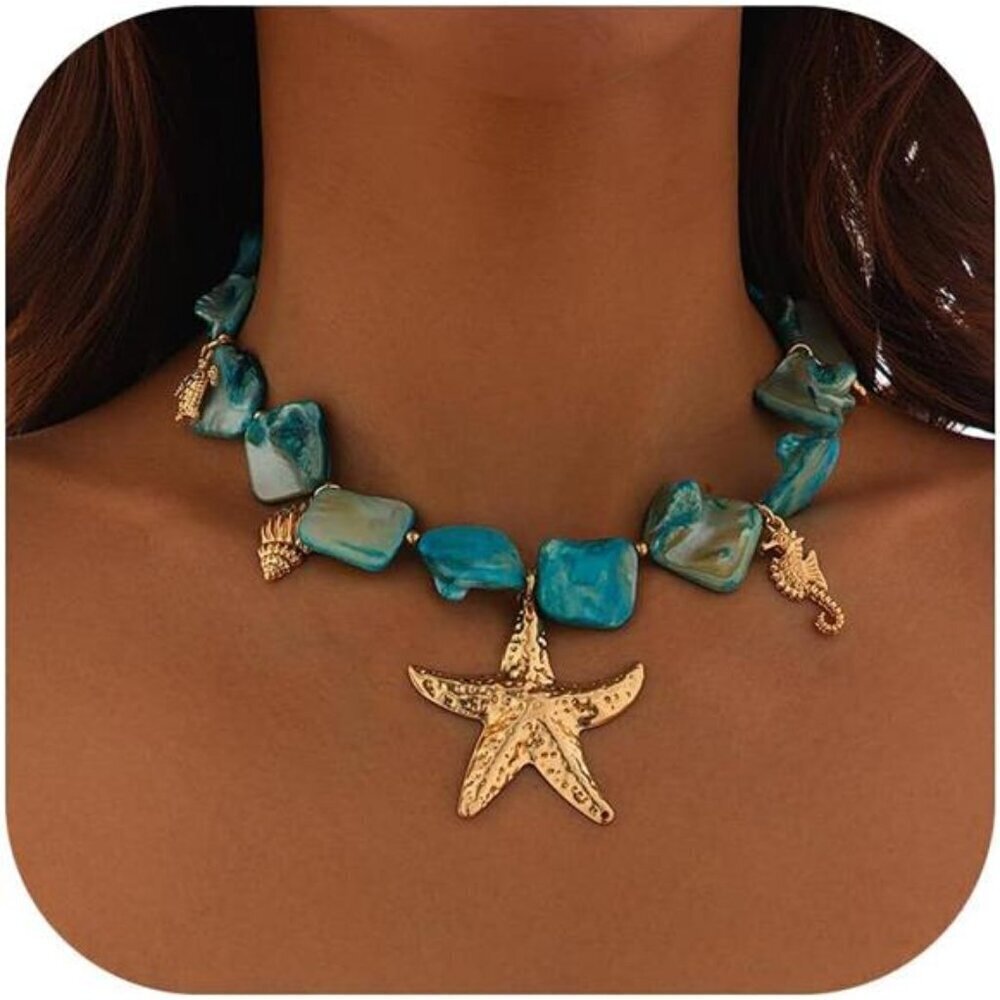 Boho Turquoise Shell Beaded Necklace with Gold Sea Charms Beach and Festival